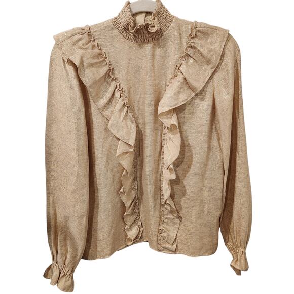 Sezane Filomene metallic gold ruffle long sleeve blouse size 4 - Picture 2 of 6